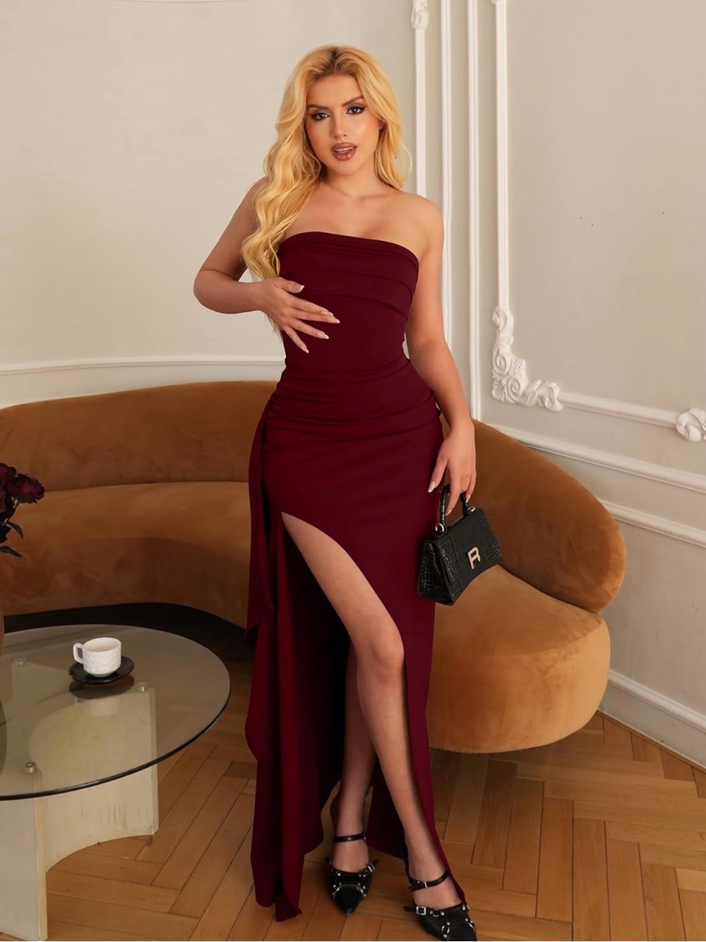 Strapless Burgundy Evening Gown with High Slit